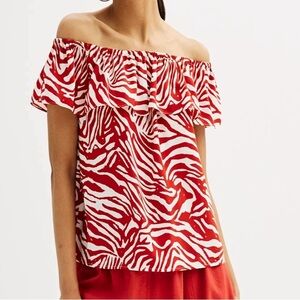 Women's Nine West Ruffled Off-the-Shoulder Top red and white zebra pattern XXL